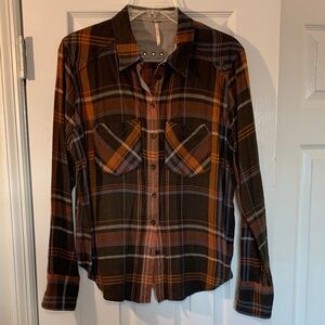 Free People Olive Green, Brown, and Orange Plaid Button-Down Shirt
